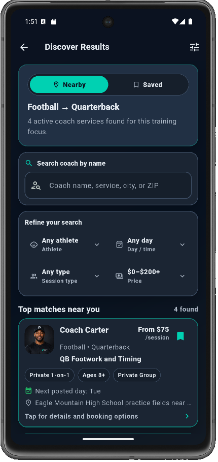 Discover results showing local coach services, search, and filters.