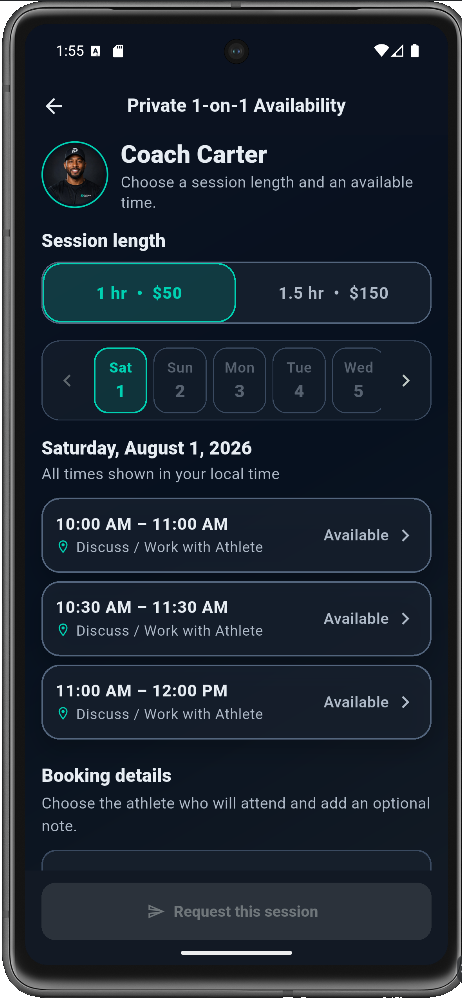 Private 1-on-1 availability screen showing session length and posted times.
